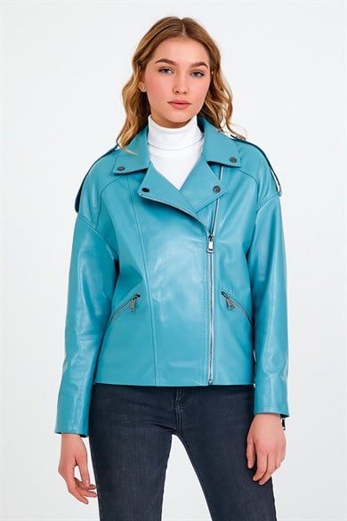 Veste en cuir turquoise Oversize