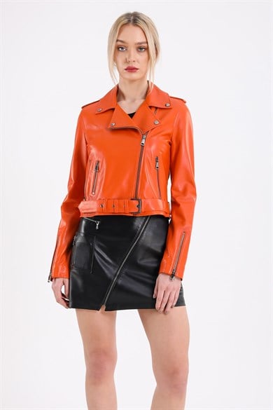 Veste biker en cuir orange