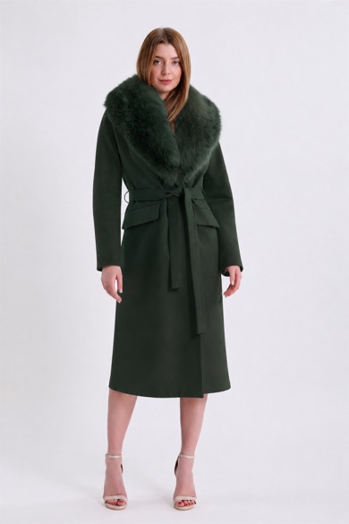 Manteau en cachemire Arjante vert avec fitures en renard