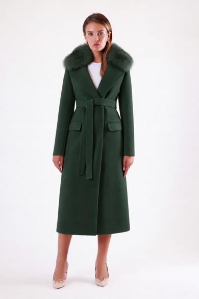Manteau en cachemire vert avec fioritures en fourrure